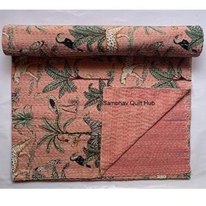 Pink Quilted Kantha Bedding with Floral Design